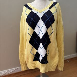 Liz Claiborne V-neck Sweater Yellow M Argyle Eclectic Grandpa Preppy Academia
